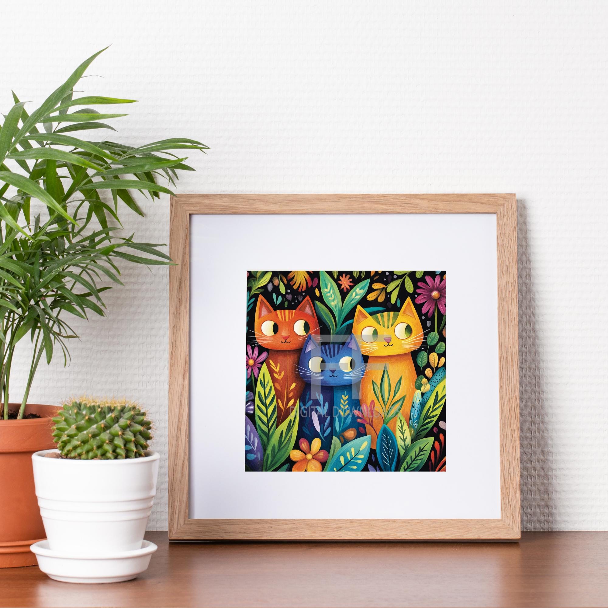Cat Art PNG, Whimsical Colorful Artwork of 3 Cats, Digital Artwork ...