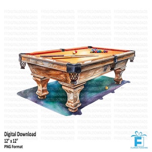 Pool Table Clipart, Pool Table PNG, Watercolor Pool Table, Billiards Digital Clipart, Sublimation, Printable, Digital Download, #5451