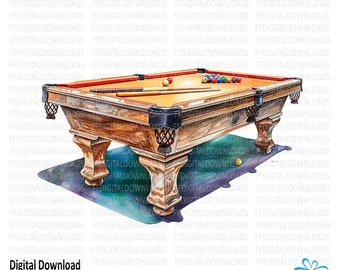Pool Table Clipart, Pool Table PNG, Watercolor Pool Table, Billiards Digital Clipart, Sublimation, Printable, Digital Download, #5451