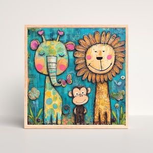 May include: A framed painting of a giraffe, lion, and monkey. The giraffe is blue and yellow with pink ears and a long trunk. The lion is yellow with a brown mane and a pink nose. The monkey is brown with a yellow face. The background is a blue and green abstract design.