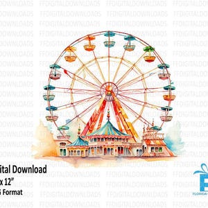 Ferris Wheel Clipart, Ferris Wheel PNG, Watercolor Ferris Wheel, Carnival Ride PNG, Sublimation, Printable, Digital Download, #4120