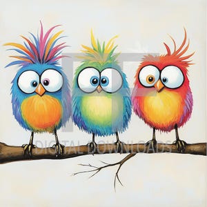 Oiseaux idiots sur une branche, oiseaux originaux JPG, lot de 6 téléchargements numériques haute résolution, oeuvre d'art numérique fantaisiste, téléchargement immédiat