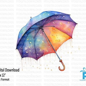 Umbrella Clipart, Umbrella PNG, Watercolor Umbrella, Colorful Umbrella, Digital Clipart, Sublimation, Printable, Digital Download, #4064