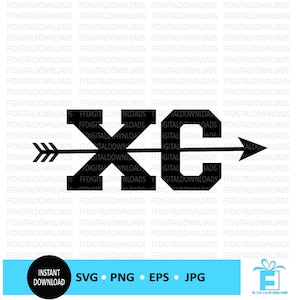 Könnte beinhalten: Schwarze XC-Grafik mit einem Pfeil durch die Buchstaben, der Cross Country anzeigt. Das Design enthält die Wörter "Sofort-Download" und Dateitypoptionen: SVG, PNG, EPS und JPG. Ein Florida-Funshine-Logo befindet sich in der unteren rechten Ecke.