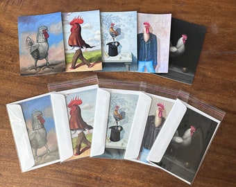 Rooster Series:  5x7 Rooster Card, Rooster Art Card,  Rooster Note Card, Rooster Birthday & Fishman Series 5x7 Fishman Art