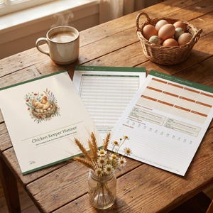 Op de afbeelding: Een kippenhouder-planner met een omslagillustratie van een kip in een nest, een dagelijks eierlogboek en een seizoensgebonden plannerpagina. De omslag bevat de tekst Chicken Keeper Planner en Your Complete Guide to a Happy, Healthy, Productive Flock.