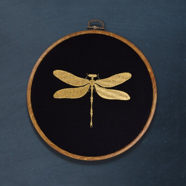 Embroidery Hoop, Dark Academia, Home decor, Wall decor, Modern embroidery, Wooden Imitation Hoop, Hoop Art, Flexi Hoop, Gold,Dragonfly,Black