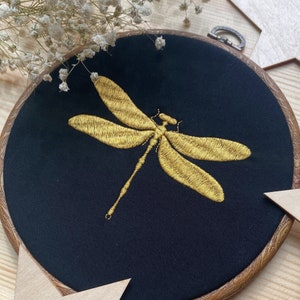 Embroidery Hoop, Dark Academia, Home decor, Wall decor, Modern embroidery, Wooden Imitation Hoop, Hoop Art, Flexi Hoop, Gold,Dragonfly,Black image 4