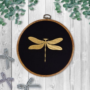 Embroidery Hoop, Dark Academia, Home decor, Wall decor, Modern embroidery, Wooden Imitation Hoop, Hoop Art, Flexi Hoop, Gold,Dragonfly,Black image 5