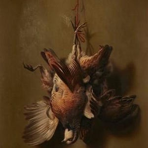 May include: A still life painting depicts several brown birds hanging by a red ribbon against a muted background. The birds' feathers display shades of brown, tan, and white, with visible details in the wings and bodies. The artwork has a classic, realistic style.