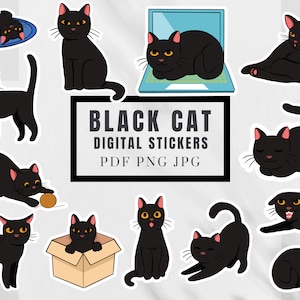 黒猫の印刷可能なステッカー バンドル デザイン、デジタル印刷可能なステッカー、印刷してカットできるステッカー、ラップトップ ステッカー PNG JPEG PDF