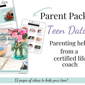 May include: A teal and white graphic with the text "Parent Packet! Teen Dating" and "Parenting help from a certified life coach". The graphic also includes a pink flower arrangement in a blue glass vase and a white planner with the text "Protecting fragile hearts" and "Get the tools you need to support your teen best".