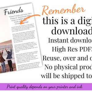 May include: A digital download for a printable guidebook about friendship. The image features a quote about friends being a treasure and a photo of two friends with their arms raised in the air. The text "Remember this is a digital download: Instant download High Res PDFs Reuse, over and over! No physical product will be shipped to you. Print quality depends on your printer and ink" is also included.