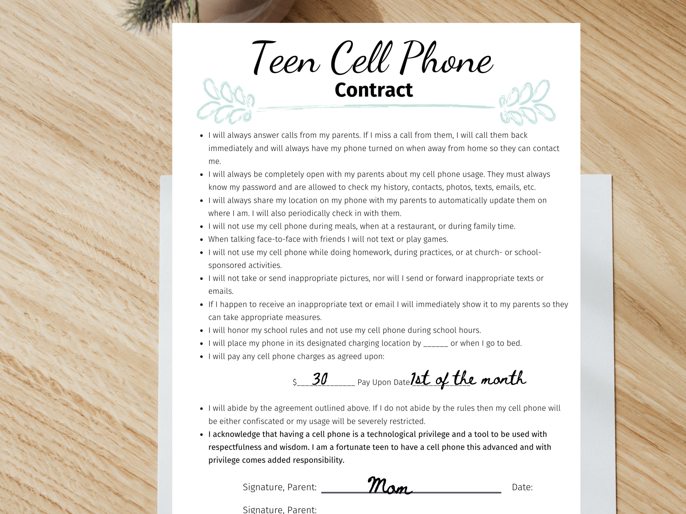 Teen Cell Phone Contract Template Digital Download Technology Contract