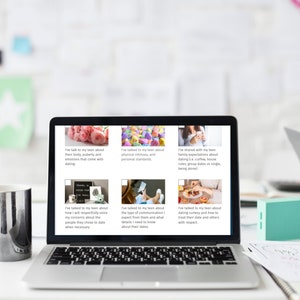 May include: A laptop computer screen displaying a website with tips for talking to teenagers about dating. The website includes text and images. The laptop is on a white desk with a silver mug and a teal speaker.