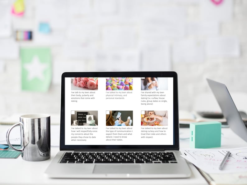 May include: A laptop computer screen displaying a website with tips for talking to teenagers about dating. The website includes text and images. The laptop is on a white desk with a silver mug and a teal speaker.