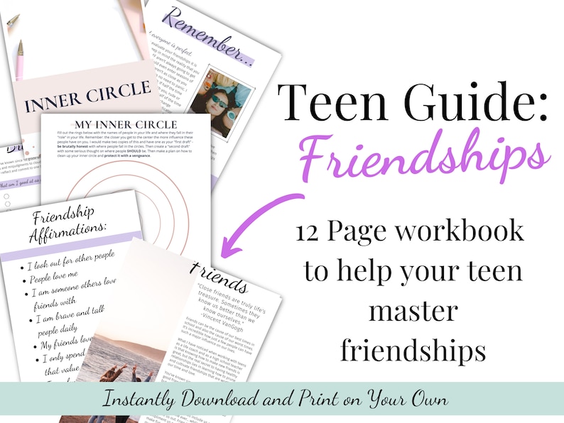 May include: A purple and white digital download for a teen guide to friendships. The guide is a 12-page workbook with affirmations and activities to help teens master friendships. The text on the cover reads "Teen Guide: Friendships 12 Page workbook to help your teen master friendships Instantly Download and Print on Your Own".