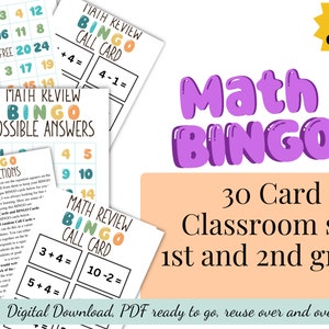 Wiskunde BINGO Kaarten Printables School Party Game 1e leerjaar Wiskunde Bingokaarten Klaslokaal BINGO Afdrukbare kaarten 2e leerjaar Wiskunde Bingo Klaslokaal PDF