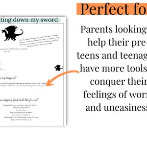 May include: A white printed worksheet with the title "Putting down my sword" and the text "What are my triggers?" and "What does stepping back look like for me?" The text "Perfect for Parents looking to help their pre-teens and teenagers have more tools to conquer their feelings of worry and uneasiness" is also visible.