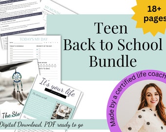 May include: A teal and white printable back to school bundle for teens. The bundle includes 18 pages of worksheets, checklists, and activities. The text "Teen Back to School Bundle" is in black text on a teal background. The text "18+ pages" is in black text on a yellow starburst. The text "Made by a certified life coach" is in white text on a purple circle. A woman with long brown hair is smiling at the camera.