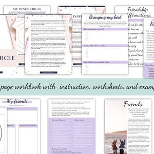 May include: A 12-page workbook with instructions, worksheets, and examples on building a strong inner circle and cultivating healthy friendships. The workbook features a purple and pink color scheme with illustrations and text.
