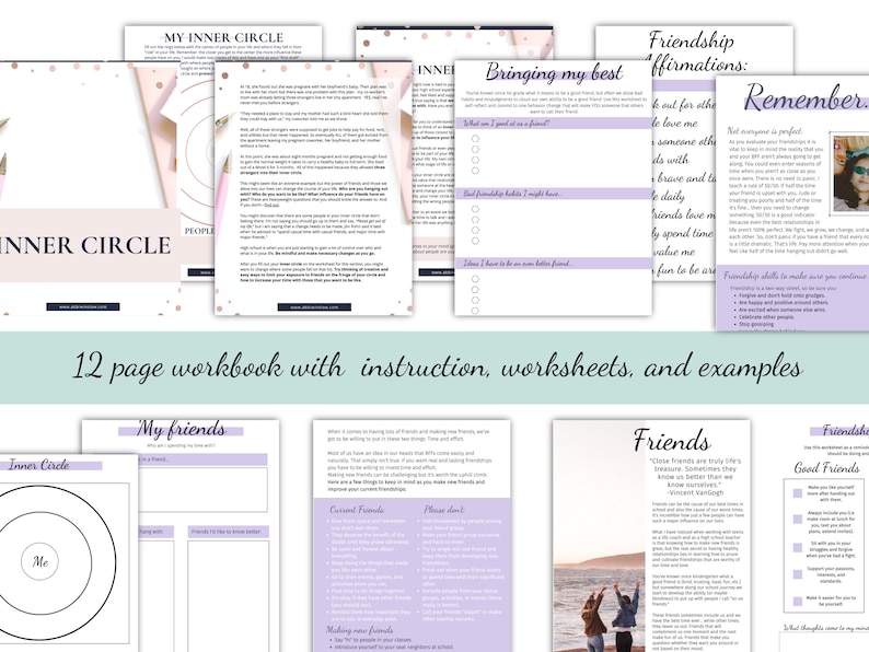 May include: A 12-page workbook with instructions, worksheets, and examples on building a strong inner circle and cultivating healthy friendships. The workbook features a purple and pink color scheme with illustrations and text.