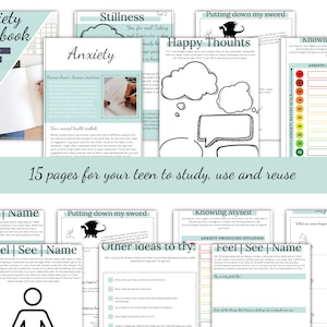 May include: Anxiety Workbook with 15 pages for teens, featuring exercises and prompts for managing feelings of worry. Includes sections on 'Happy Thoughts', 'Knowing Myself', and 'Putting down my sword'. The workbook has a teal and white color scheme.