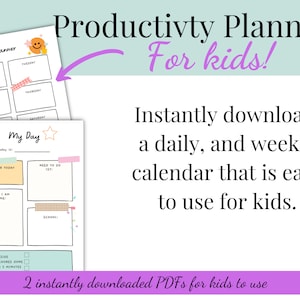 Productivity Planner for kids, school planner for kids, simple daily planner for children, first planner, weekly planner for school kids PDF
