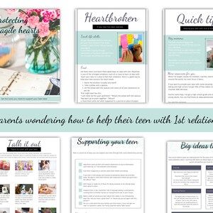 May include: A set of printable guides for parents on how to support their teens through their first relationships. The guides include tips on protecting fragile hearts, supporting teens through heartbreak, quick tips for helping teens, talking it out, supporting teens, and big ideas to try.