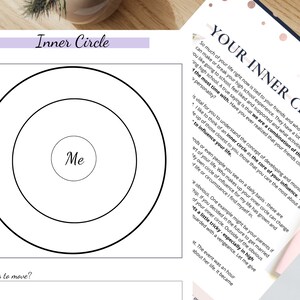 May include: A printable worksheet with a circle diagram titled "Your Inner Circle." The diagram has three concentric circles with the innermost circle labeled "Me." The text surrounding the diagram explains the concept of an inner circle and its influence on a person's life.