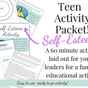 Puede incluir: Un paquete de actividades imprimible para adolescentes sobre la autoestima. El paquete incluye una actividad de 60 minutos, hojas de trabajo y una actividad de autoestima. El texto en la imagen dice "Teen Activity Packet! Self-Esteem. A 60 minute activity laid out for youth leaders for a fun and educational activity. Easy to use, ready to go activity!"
