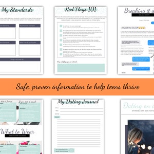 May include: A set of printable worksheets for teens on dating, relationships, and healthy boundaries. The worksheets include titles like "My Standards", "Red Flags 101", "Breaking it Down", "What to Wear", "My Dating Journal", and "Dating on a Dime".