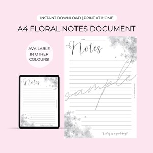 A4 Grey Floral Notes Document | Digital Download - Print At Home | Stationery