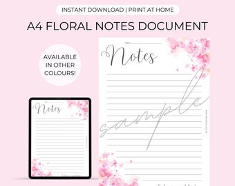 A4 Pink Floral Notes Document | Digital Download - Print At Home | Stationery