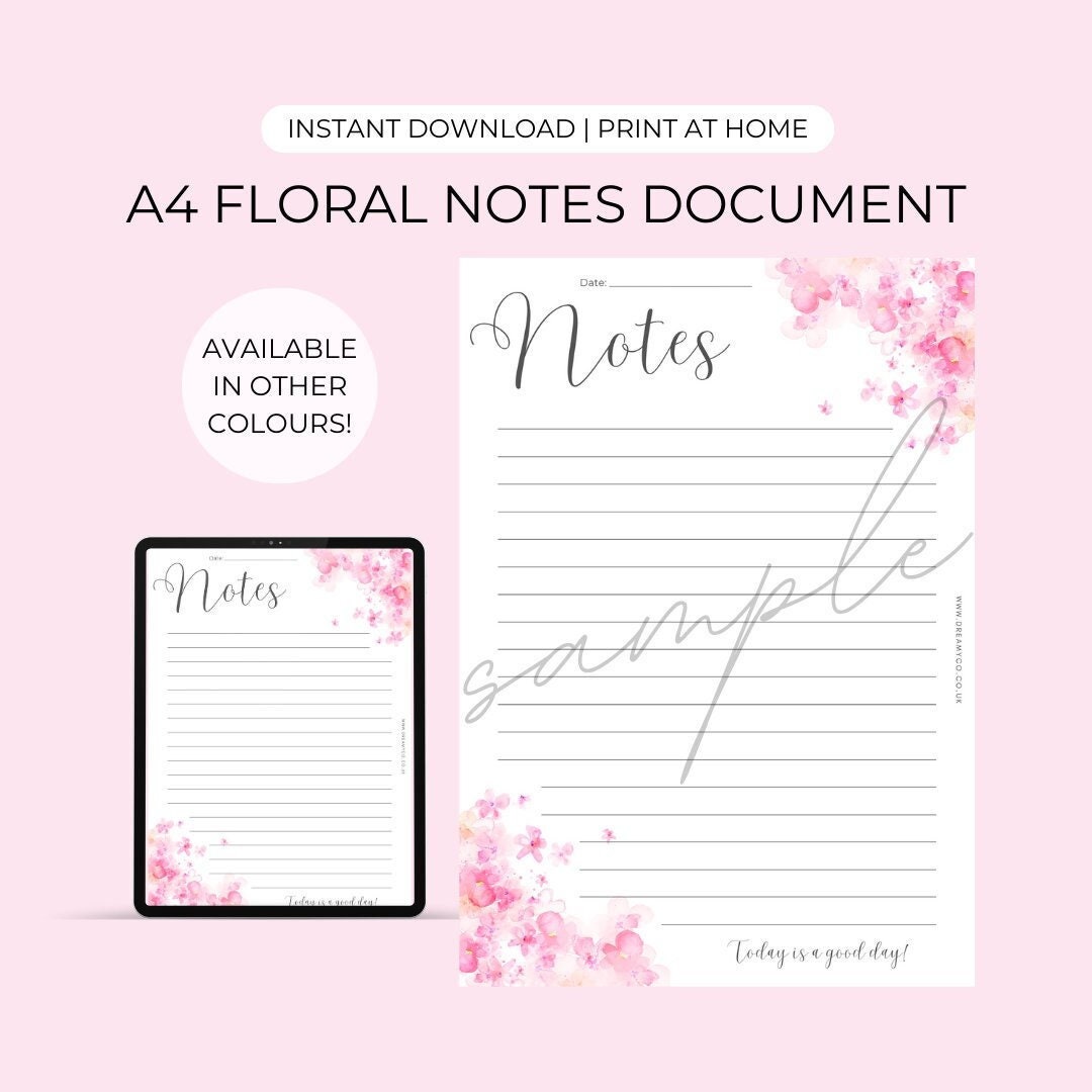 A4 Pink Floral Notes Document | Digital Download - Print at Home ...