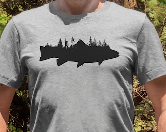 Trout with bigfoot in forest, Fishing shirt, Bigfoot tshirt, outdoor T-shirt. Camping shirt, Sasquatch tee. Fly fishing shirt. Trout shirt.