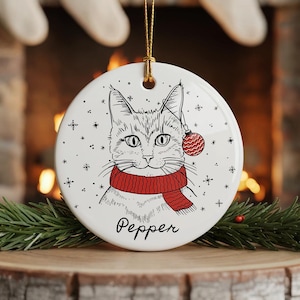 Personalized Tabby Cat Ornament - Hand Drawn Style Cat with Scarf Design, Custom Name Christmas Gift for Cat Lovers and Cat Moms