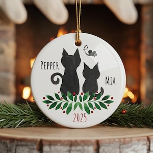 Personalized Black Cat Ornament - Custom Cat Name Christmas Keepsake, Cat Parents Gift, Cat Mom, Two Cats Ornament