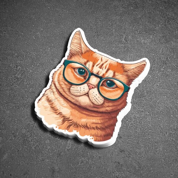 Orange Ginger Cat Sticker Vinyl Cat Sticker Orange Cat with Glasses Sticker