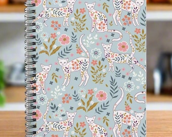 Floral Cats and Plants Spiral Notebook, whimsical cat journal, Scandinavian cat, gift for friends, cat mom gift, daily planner