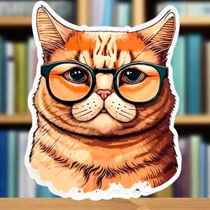 Orange Tabby Cat with Glasses Sticker, orange cat mom sticker, ginger cat sticker, nerdy cat gift, gift for cat lover, laptop cat sticker