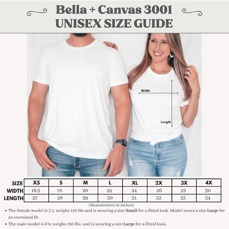 以下が含まれることがあります： 白のユニセックスTシャツとサイズガイド。サイズガイドは、XSから4Xまでのサイズのインチ単位の測定値を表示します。「Bella + Canvas 3001 UNISEX SIZE GUIDE」の文字が上部にあります。女性モデルは身長163cmで、フィット感のあるSmallサイズを着用しています。