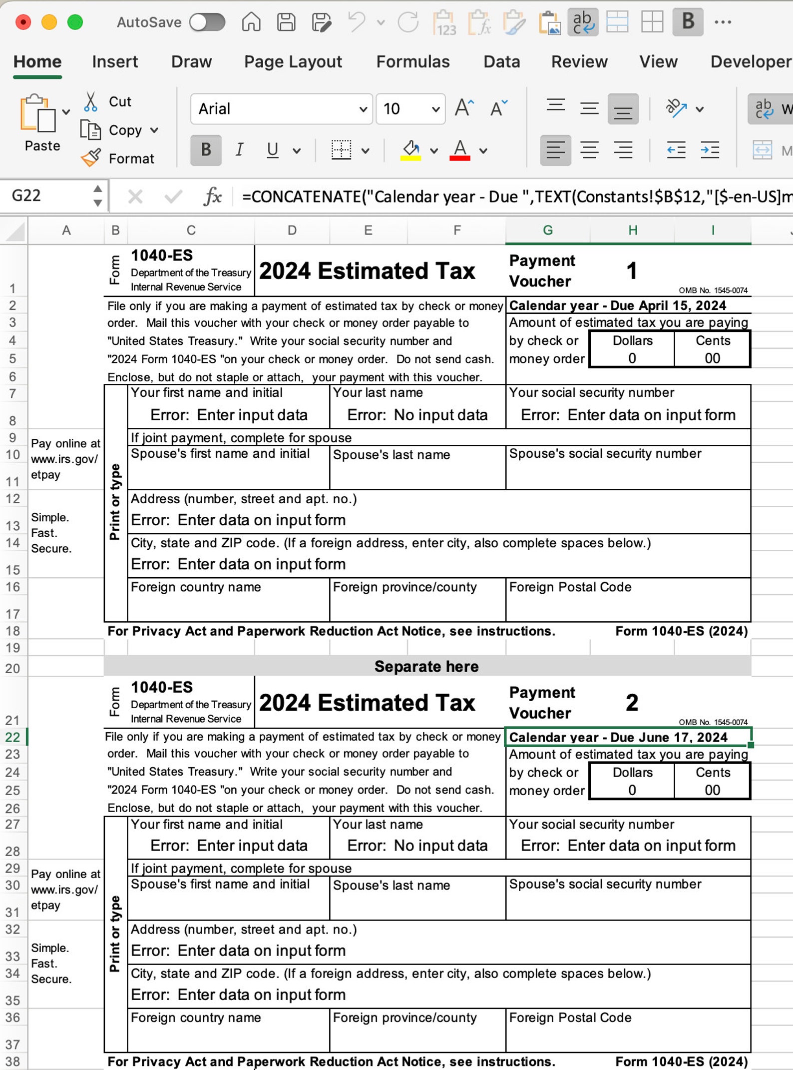 New 2024 Excel 1040ES Federal Workbook Etsy