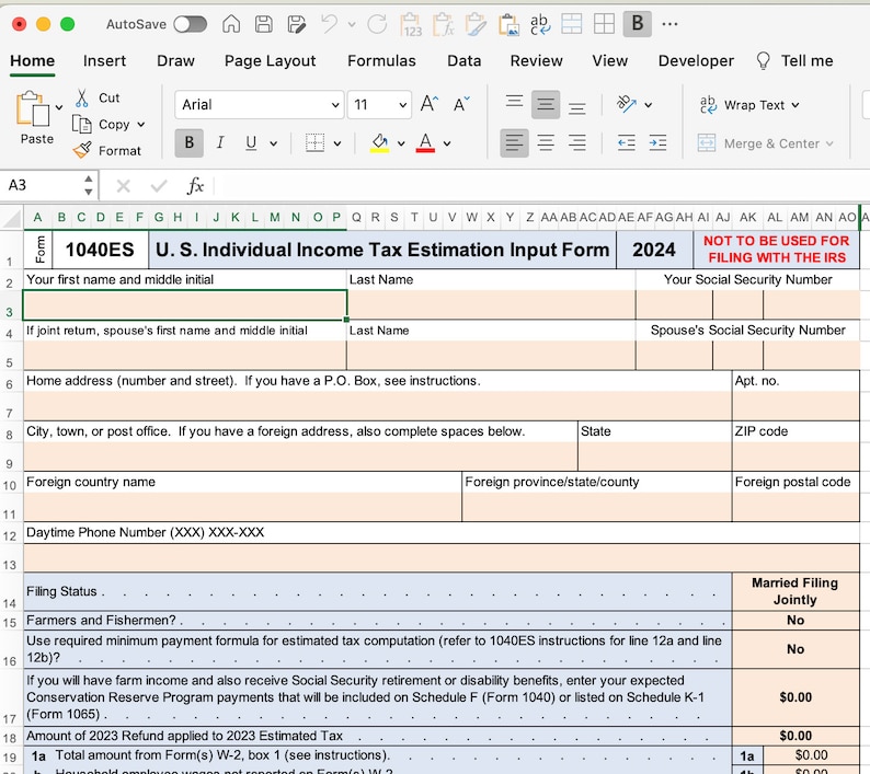 New 2024 Excel 1040ES Federal Workbook Etsy