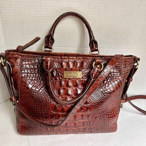 Brahmin Mini Asher Satchel Pecan Melbourne Leather Croc Embossed Shoulder Bag