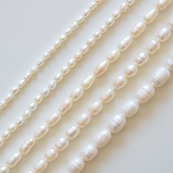 Natural freshwater pearls, rice pearls, choice of size, freshwater white rice pearl strands, genuine cultured pearls, 2-3-4-5-6-7-8mm size