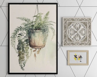Fern Printable Wall Art, Plant Living Room Decor, Watercolour Botanical Plant, Hanging Fern Sun Room Poster, Plant in a Pot Digital Download