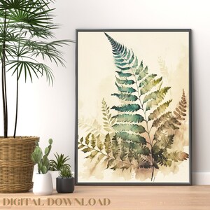 Fern Digital Wall Art, Botanical Living Room Decor, Watercolour Boho Fern, Fern Plant Decor, Fern Watercolour Aesthetic Digital Printable