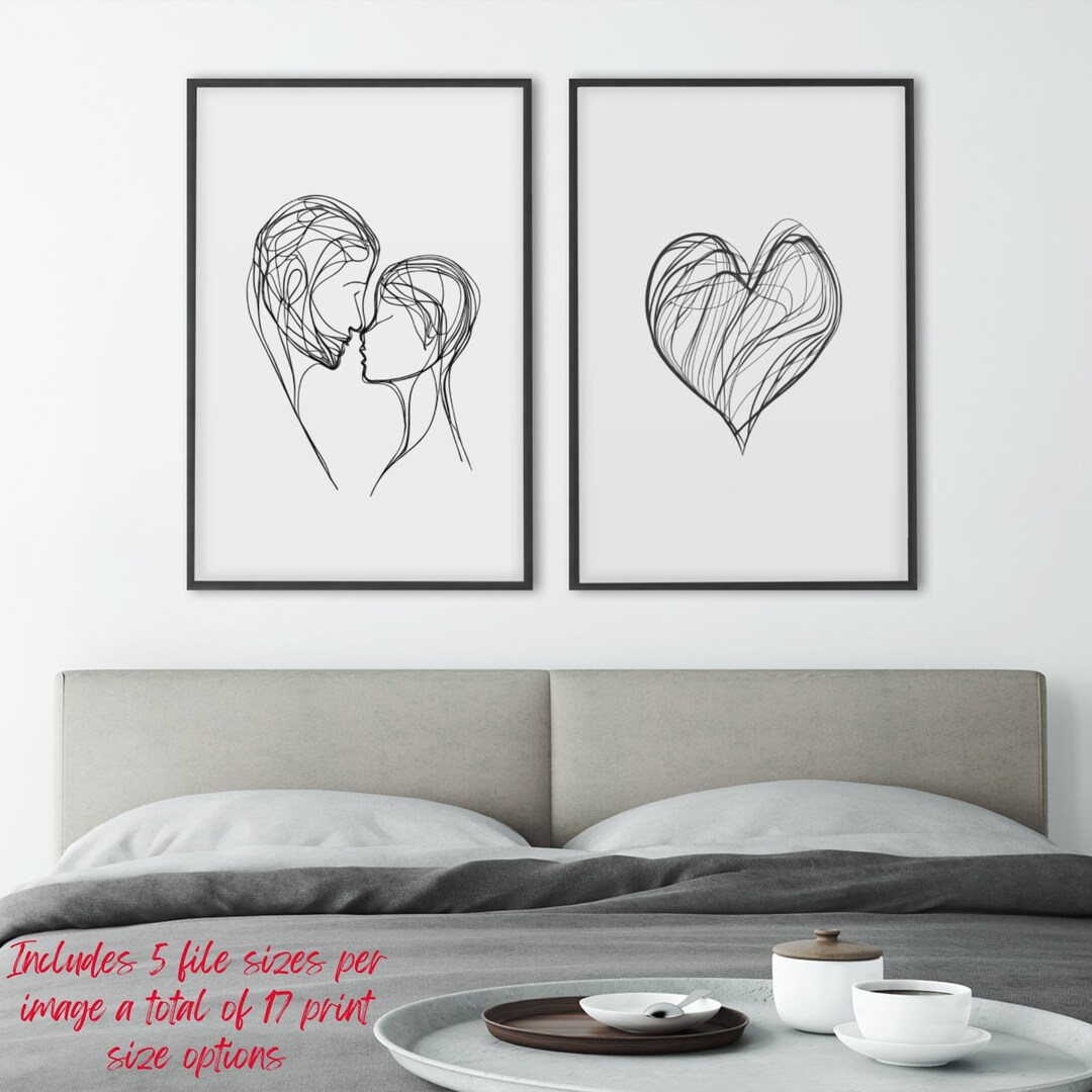 Set of 2 Line Drawing, Couple Wall Art Print, Romantic Minimalist Decor