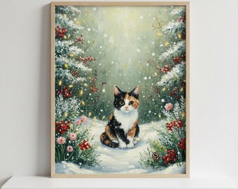 May include: A framed art print depicts a calico cat sitting in a snowy forest scene. The cat has black, orange, and white fur. The artwork features snow-covered trees, red berries, and soft lighting, creating a wintery atmosphere.